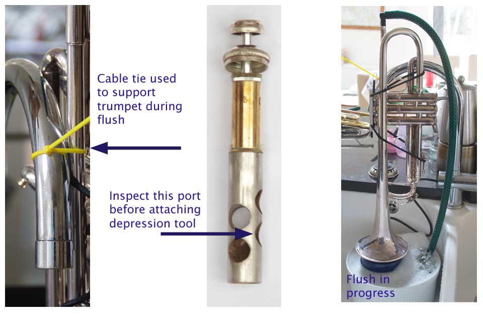 Flushmute - The revolutionary trumpet cleaning system from Spencer Trumpets. Details of cable tie support, inspection area of valve and flush in progress.