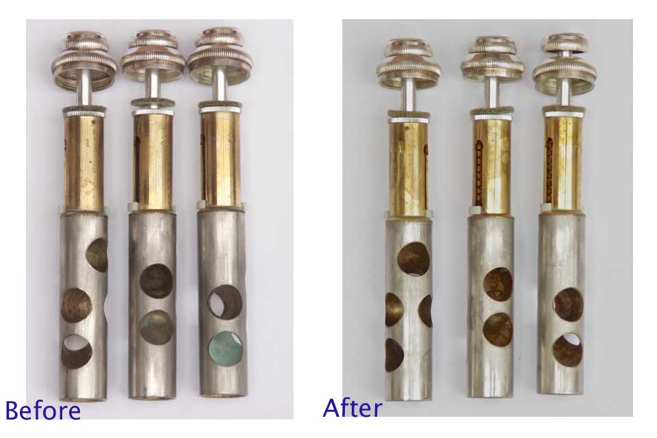 Flushmute - The revolutionary trumpet cleaning system from Spencer Trumpets. Image showing trumpet valves before and after Flushmute cleaning.